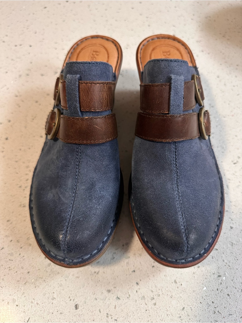 Born Blue Suede Leather Clogs Mules Double Buckle Slip On Heels Shoes Women’s 8 - Picture 2 of 15